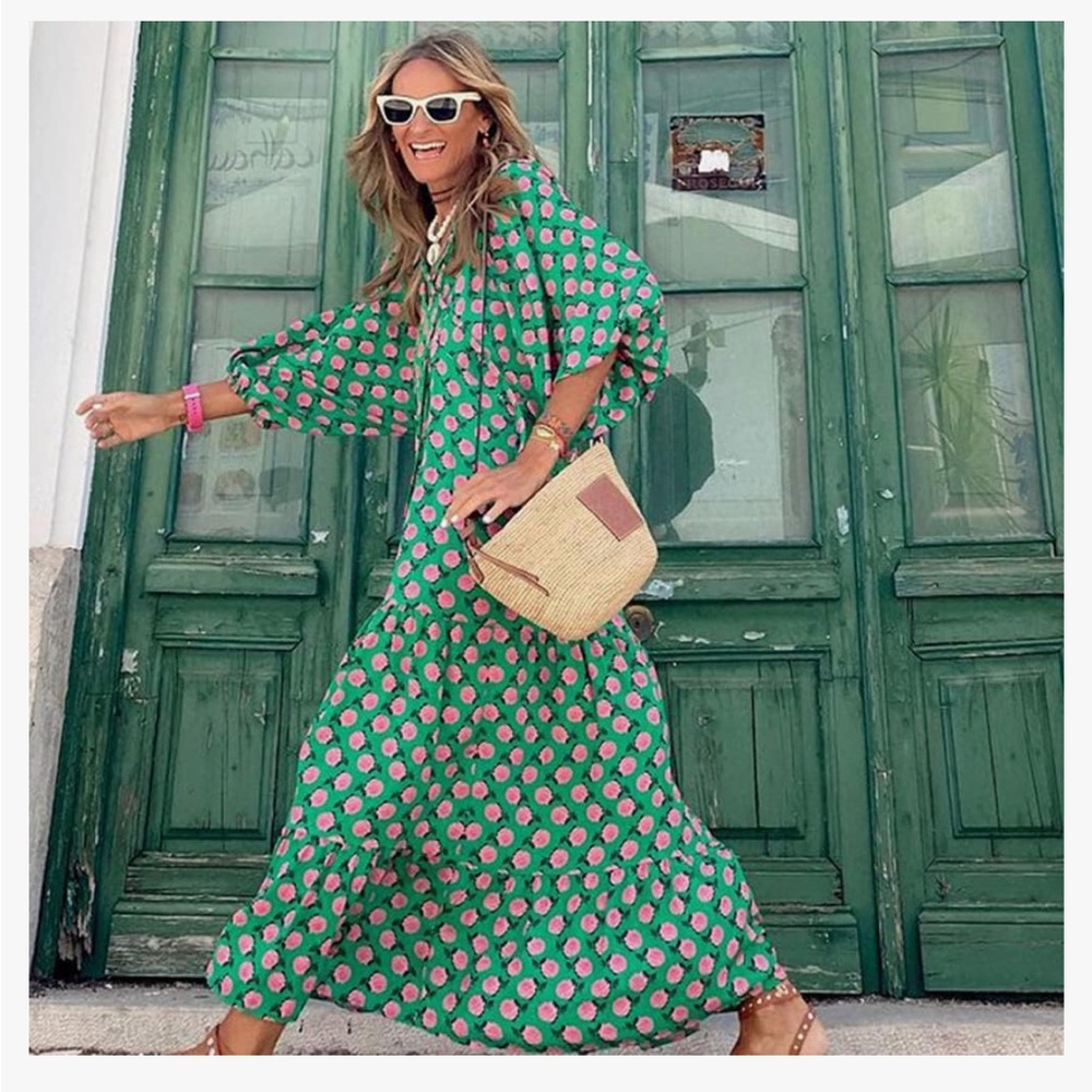 BNWOT-oversized fit,comfy green/pink print.cute w/pink slide or brown sandals